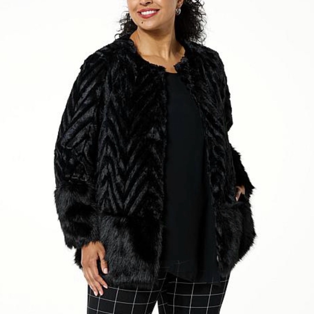 Nina Leonard Black Faux Fur Chevron Jacket